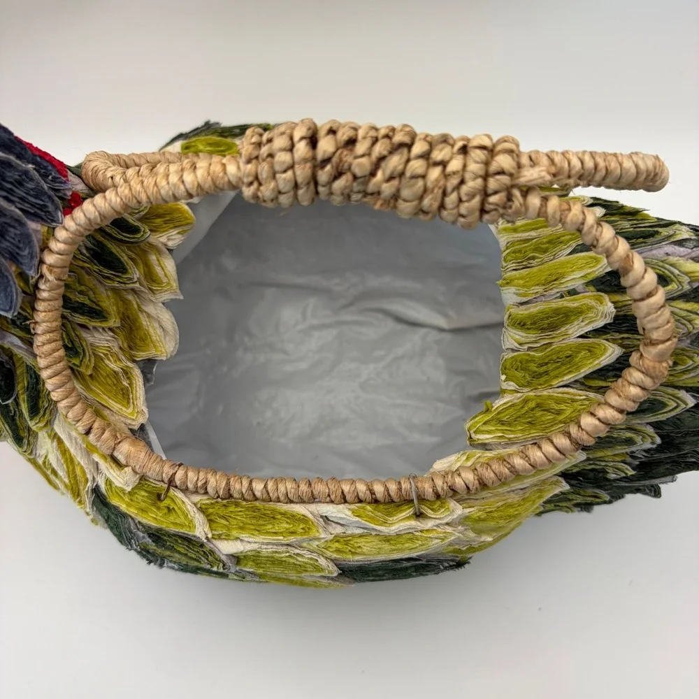 Vintage Style Handcrafted Chicken Rooster Basket Green Red Woven Farmhouse Decor